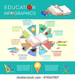 Education infographics template back to school Education infographics elements diagram of school tools Education template open book vector 