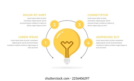 Plantilla de infografía de educación con bombilla y lugar para el texto a su alrededor, cuatro círculos alrededor de la bombilla, vectorial eps10 ilustración