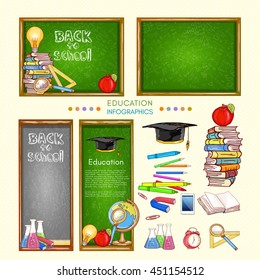 Education infographics template elements blackboards back to school stack of books vector illustration 