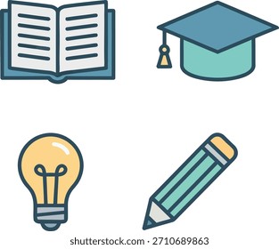 Education and innovation vector icon set featuring a lightbulb, graduation cap, and pencil, emphasizing creative thinking, learning, and academic development.