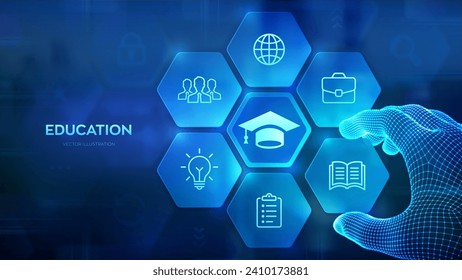 Education. Innovative online E-learning concept. Webinar, teaching, online training courses. Skill development. Wireframe hand places an element into a composition visualizing Learning. Vector.