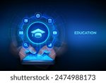 Education. Innovative online e-learning and internet technology concept. Webinar, teaching, online training courses. Skill development. Smartphone in hands. Using smartphone. Vector illustration.