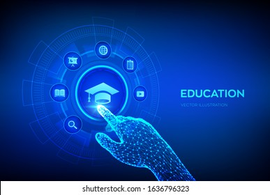 Education. Innovative online e-learning and internet technology concept. Webinar, knowledge, online training courses. Skill development. Robotic hand touching digital interface. Vector illustration.