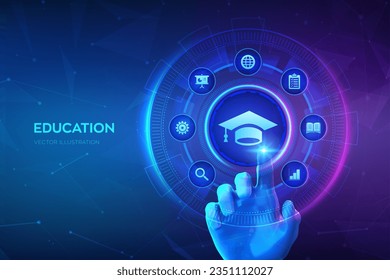 Education. Innovative online e-learning and internet technology concept. Webinar, knowledge, online training courses. Skill development. Hand touching digital interface. Vector illustration.