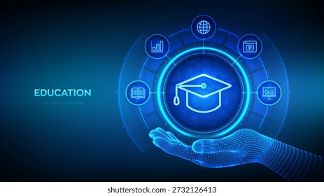 Educación. Innovador concepto de e-learning en línea y tecnología de Internet. Icono de Educación en mano de alambre. Webinar, enseñanza, cursos de formación online. Desarrollo de habilidades. Ilustración vectorial.