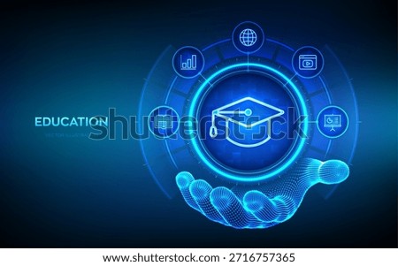 Education. Innovative online e-learning and internet technology concept. Education icon in wireframe hand. Webinar, teaching, online training courses. Skill development. Vector illustration.