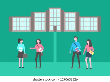 Education institution vector, students walking on campus. Woman and man holding textbooks, studying youth going to university or college, characters