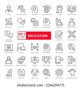 Educación, instrucción y enseñanza - conjunto de iconos de esquema, vector, colección de iconos de línea delgada simple