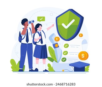 Education Insurance Concept Illustration. Insurance for Children’s Education With Two Students in School Uniforms