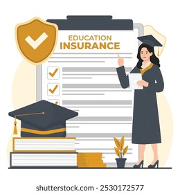 Education insurance concept vector illustration in flat style. Female student in graduation cap and gown with certificate on clipboard.