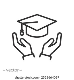 ícone de seguro de educação, ajuda ao aluno, ajuda educação, ilustração vetorial de linha fina