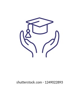 Education insurance line icon. Graduate hat in two hands on white background. Education concept. Vector illustration can be used for topics like education, school, university
