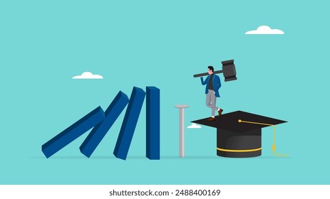 education insurance with man drives in concrete nails to protect the graduation cap from the beam that will hit it, child education insurance, guarantee for reduced education costs in the future
