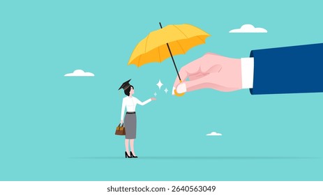 education insurance with Successful students receive educational degrees from the hands of insurance businesswoman who support them, guarantee for reduced education costs in the future