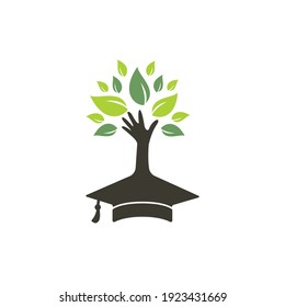 Education insurance and support logo concept. Graduation cap and hand tree icon logo.