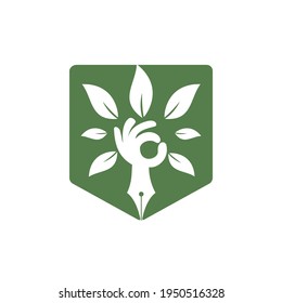 Education insurance and support logo concept. Pen and hand tree icon logo.	