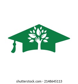 Education insurance and support logo concept. Graduation cap and hand tree icon logo.