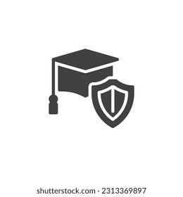 Education insurance vector icon. filled flat sign for mobile concept and web design. Graduation cap protection shield glyph icon. Symbol, logo illustration. Vector graphics