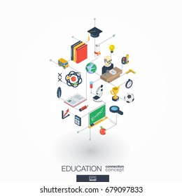 Education integrated 3d web icons. Digital network isometric interact concept. Connected graphic design dot and line system. Abstract background for elearning, graduation and school. Vector on white.