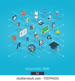 Education integrated 3d web icons. Digital network isometric interact concept. Connected graphic design dot and line system. Abstract background for elearning, graduation and school. Vector Infograph