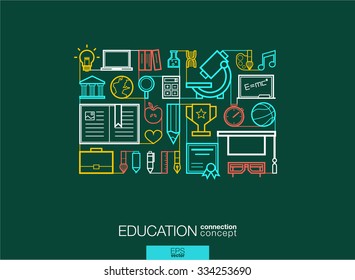 Education integrated thin line symbols. Modern linear style vector concept, with connected flat design icons. Abstract background illustration for elearning, knowledge, learn and global concepts.
