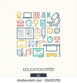 Education integrated thin line symbols. Modern linear style vector concept, with connected flat design icons. Abstract background illustration for elearning, knowledge, learn and global concepts.