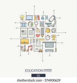 Education integrated thin line symbols. Modern color vector concept, with connected flat design icons. Abstract background illustration for elearning, knowledge, learn and global concepts.