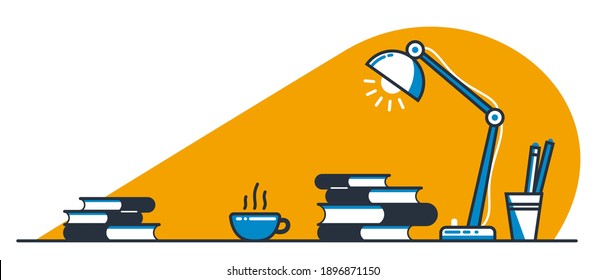 Education or intellectual work concept work desk with books vector flat illustration isolated, study or job, freelance worker workspace, comfortable workplace.