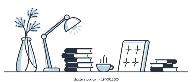 Education or intellectual work concept work desk with books vector flat illustration isolated, study or job, freelance worker workspace, comfortable workplace.