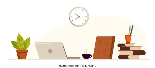 Education or intellectual work concept work desk with books vector flat illustration isolated, study or job, freelance worker workspace, comfortable workplace.