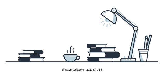 Education or intellectual work concept work desk with books vector flat illustration isolated, study or job, freelance worker workspace, comfortable workplace.