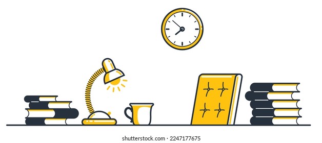 Education or intellectual work concept work desk with books vector flat illustration isolated, study or job, freelance worker workspace, comfortable workplace.