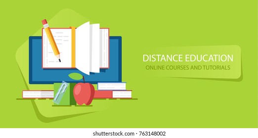 Education in internet course and webinar vector, distance education concept, monitor with open book pencil flat vector illustration on green background 