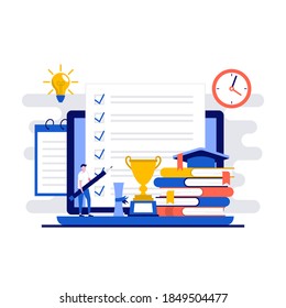 Education investment concept with character. Student, learner reading book. Target, e-learning, goal achievement. Modern flat style for landing page, mobile app, infographics, hero images.