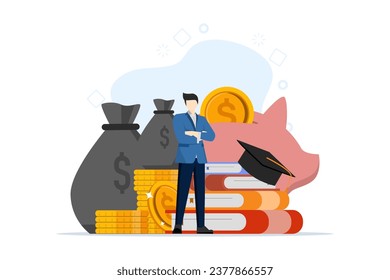 Education and investment concept with characters, money, books, hats and cash coins. Businessman studying success and finance courses. scholarships, savings for studies metaphor.