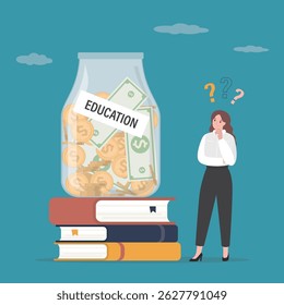 Education investment. Saving money for education. Stack of book and glass jar with savings, young female student thinking about poverty. Collecting money for school fees. Payment for learning. vector