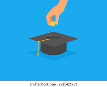 education as investment, symbolized by the hand that is about to put the coin into the graduation hat
