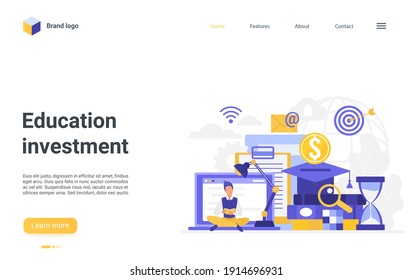 Education investment vector illustration. Cartoon online scholarship financing project, student character investing in academic knowledge, studying in school, college or university landing page