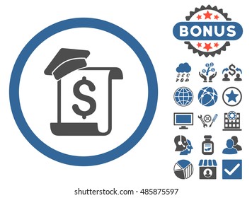 Education Invoice icon with bonus design elements. Vector illustration style is flat iconic bicolor symbols, cobalt and gray colors, white background.