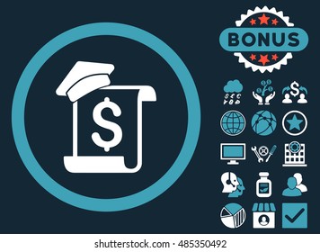 Education Invoice icon with bonus pictogram. Vector illustration style is flat iconic bicolor symbols, blue and white colors, dark blue background.