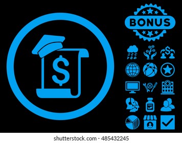 Education Invoice icon with bonus pictogram. Vector illustration style is flat iconic symbols, blue color, black background.