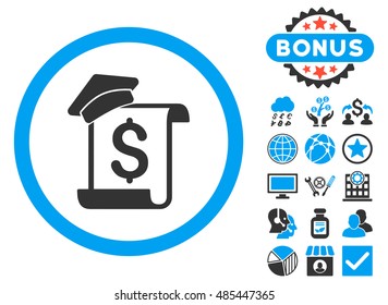 Education Invoice icon with bonus pictures. Vector illustration style is flat iconic bicolor symbols, blue and gray colors, white background.