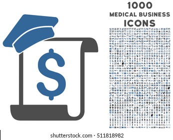 Education Invoice vector bicolor icon with 1000 medical business icons. Set style is flat pictograms, cobalt and gray colors, white background.