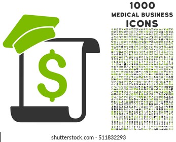 Education Invoice vector bicolor icon with 1000 medical business icons. Set style is flat pictograms, eco green and gray colors, white background.