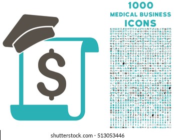 Education Invoice vector bicolor icon with 1000 medical business icons. Set style is flat pictograms, grey and cyan colors, white background.