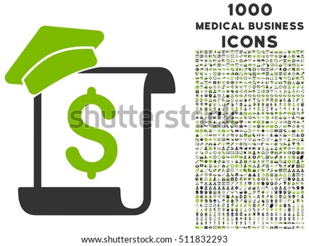 Education Invoice vector bicolor icon with 1000 medical business icons. Set style is flat pictograms, eco green and gray colors, white background.
