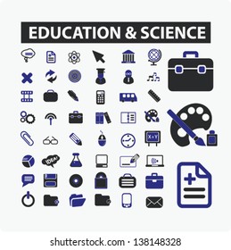 education isolated icons: science, higher school, teacher, learning, study set, vector