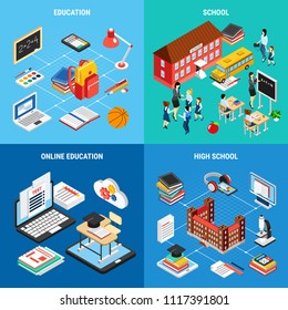 Education isometric 2x2 design concept with school buildings tools for studying in class or e-learning 3d isolated vector illustration