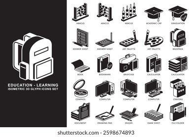 Education isometric 3D glyph icons set. contain abacus, graduation, academic cap, calculator, computer and more. use for modern concept, print, UI, UX kit, web and app development. Vector EPS 10