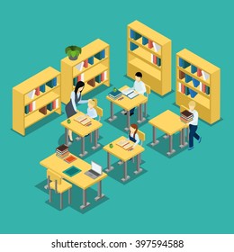 Education Isometric Banner Middle School Lesson Situation With Students And Teacher In Classroom Abstract Vector Illustration